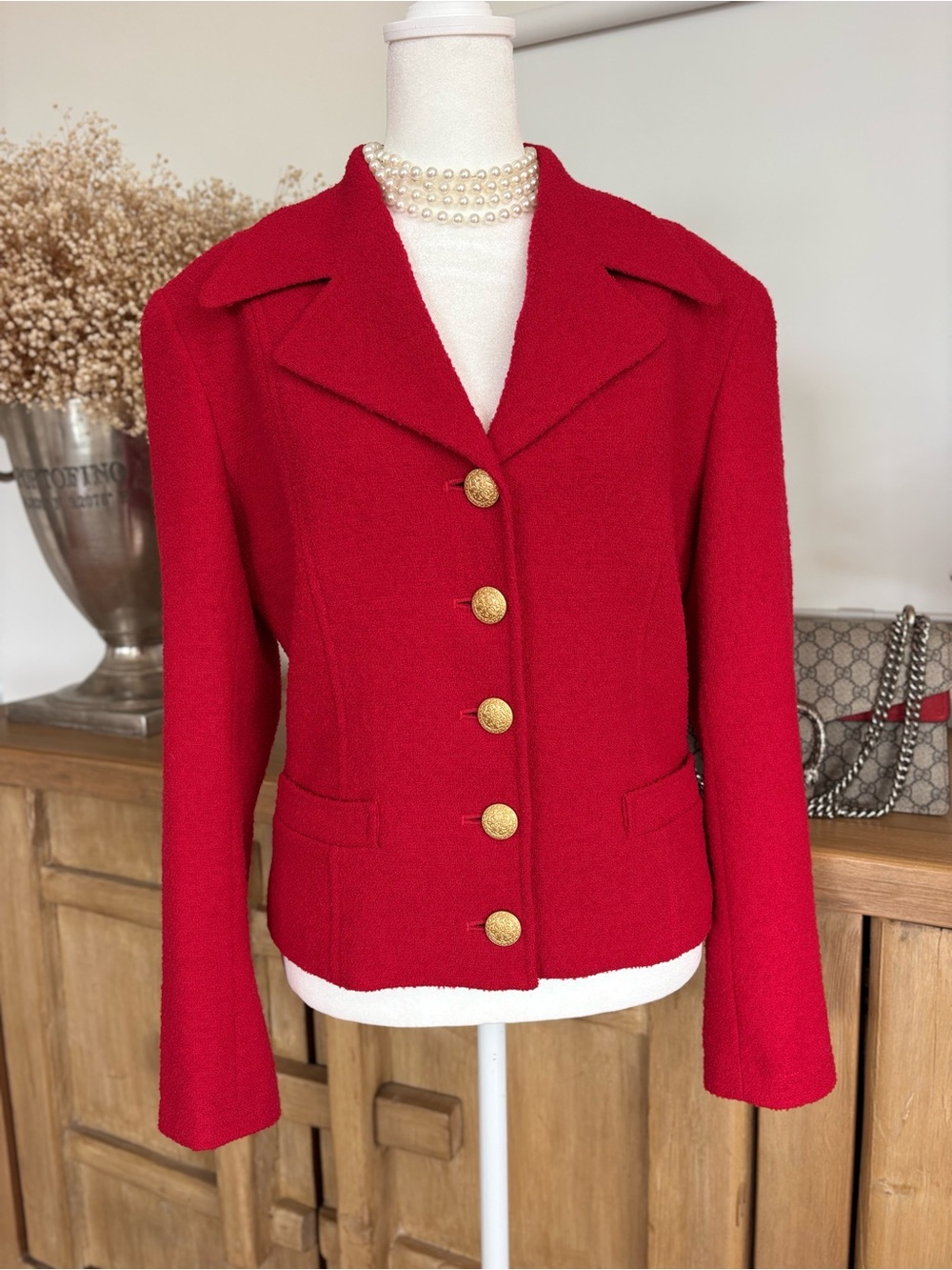 Virgin Wool Red Gold Button Blazer XS Military Luxe Holiday Y2K The Limited Fall - Picture 3 of 13